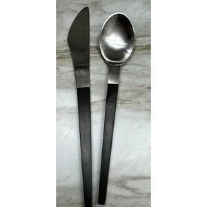 Stanley Roberts Stainless Knife And Spoon Black Handle VTG Mcm
